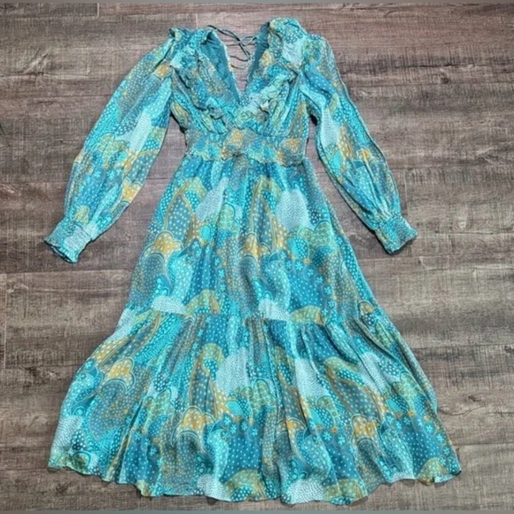 NEW Anthropologie The Odetta Ruffled V-Neck‎ Maxi LS flowy Dress Teal Size  M - Picture 11 of 17